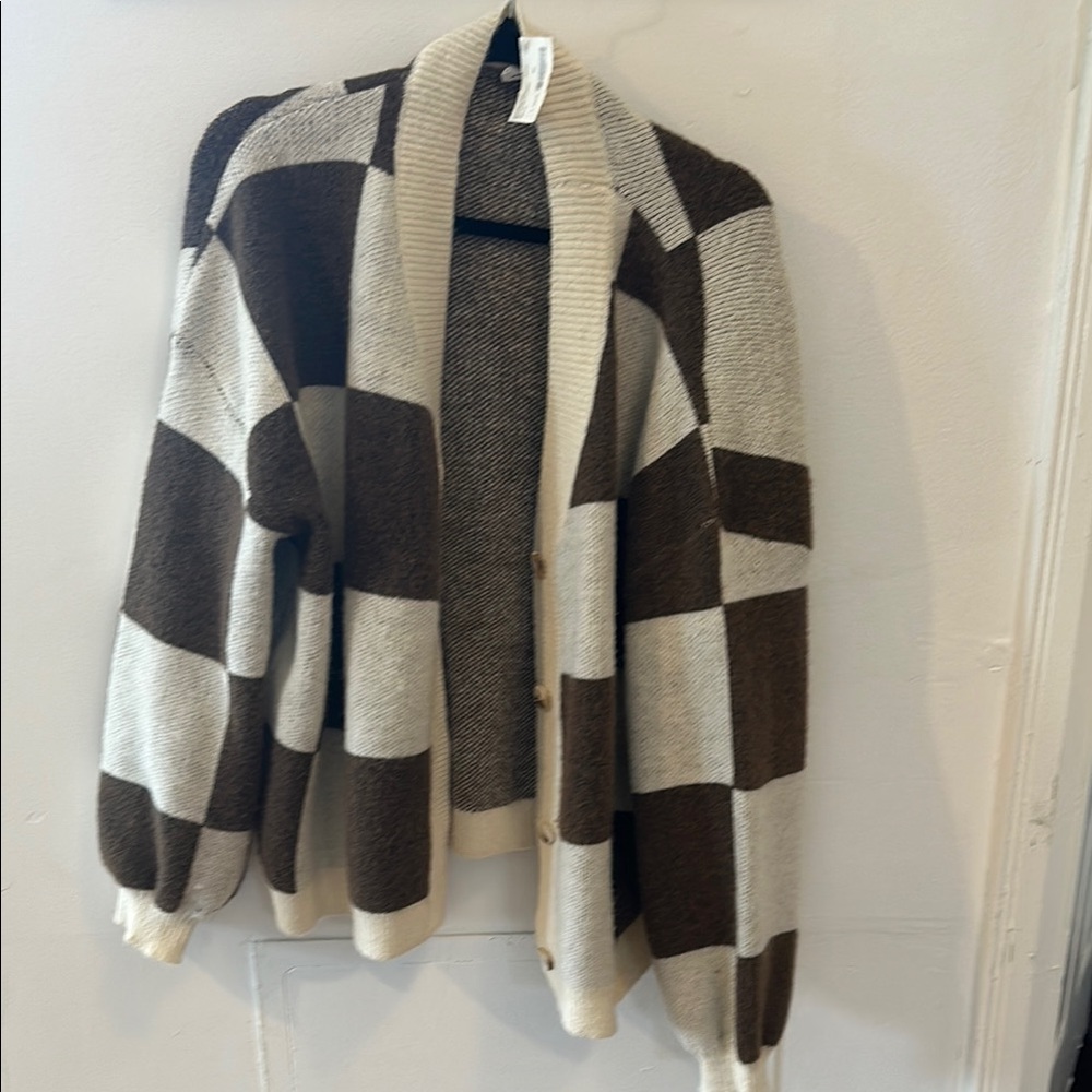 Brown and Cream Checkered Cardigan